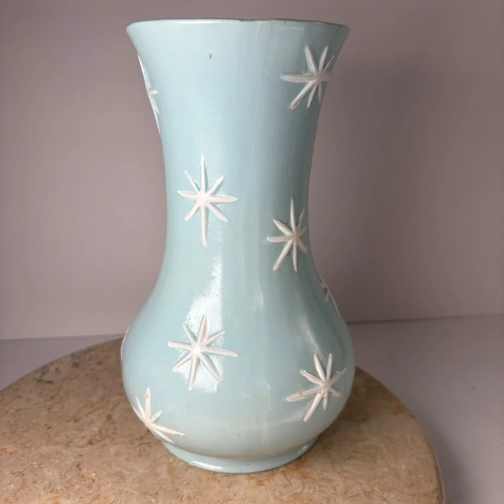 VTG Ceramic Vase 9.5in Blue Mid Century Modern Raised Atomic Starburst Hourglass
